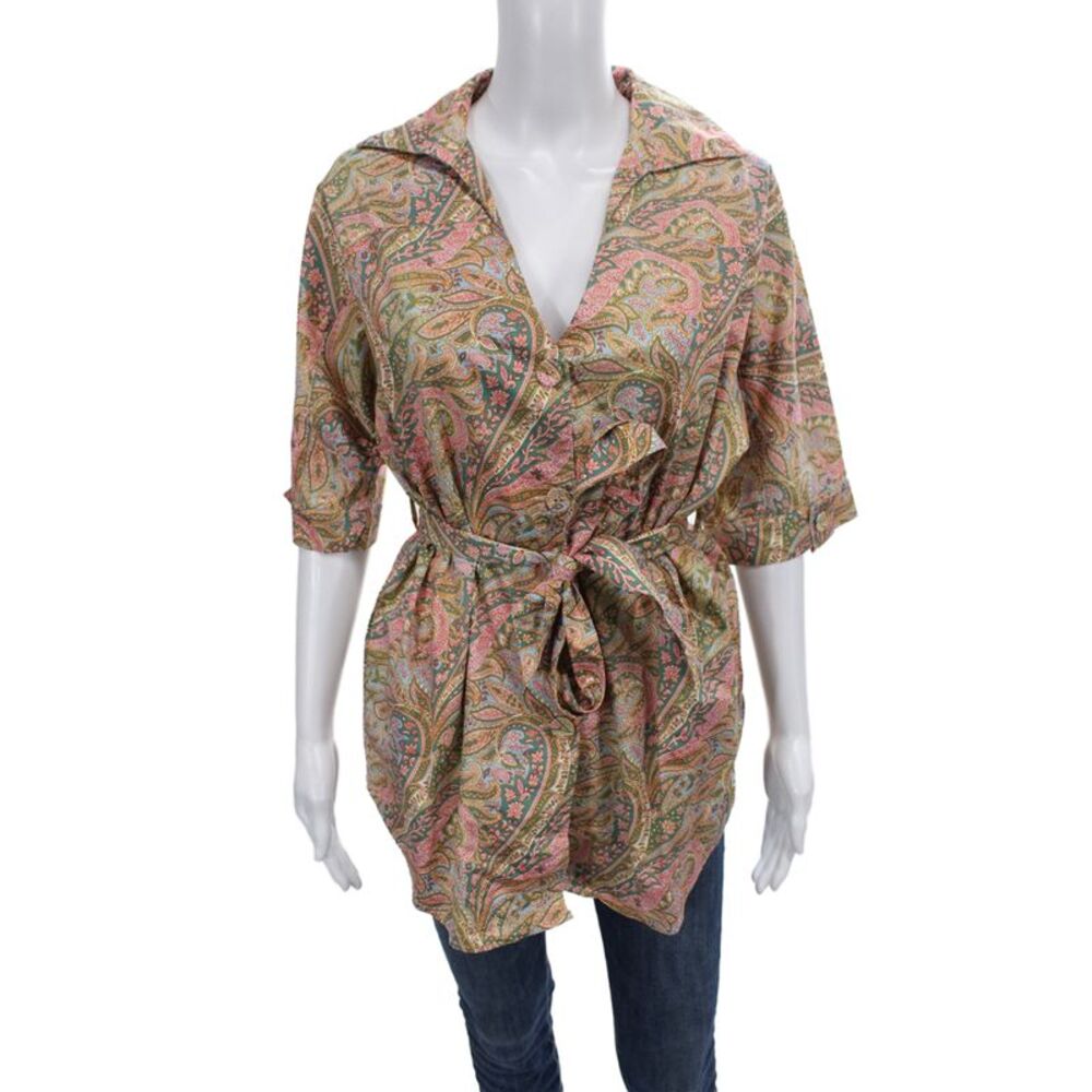 Suboo Womens Green Kimono Blouse Button Up Paisley 3/4 Sleeve Size XS